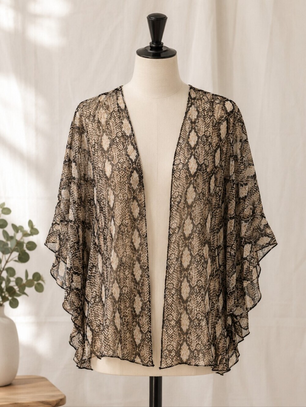 Ultra Flirt Snake Print Sheer Open Front Kimono Cardigan Black Cream Edgy Y2K